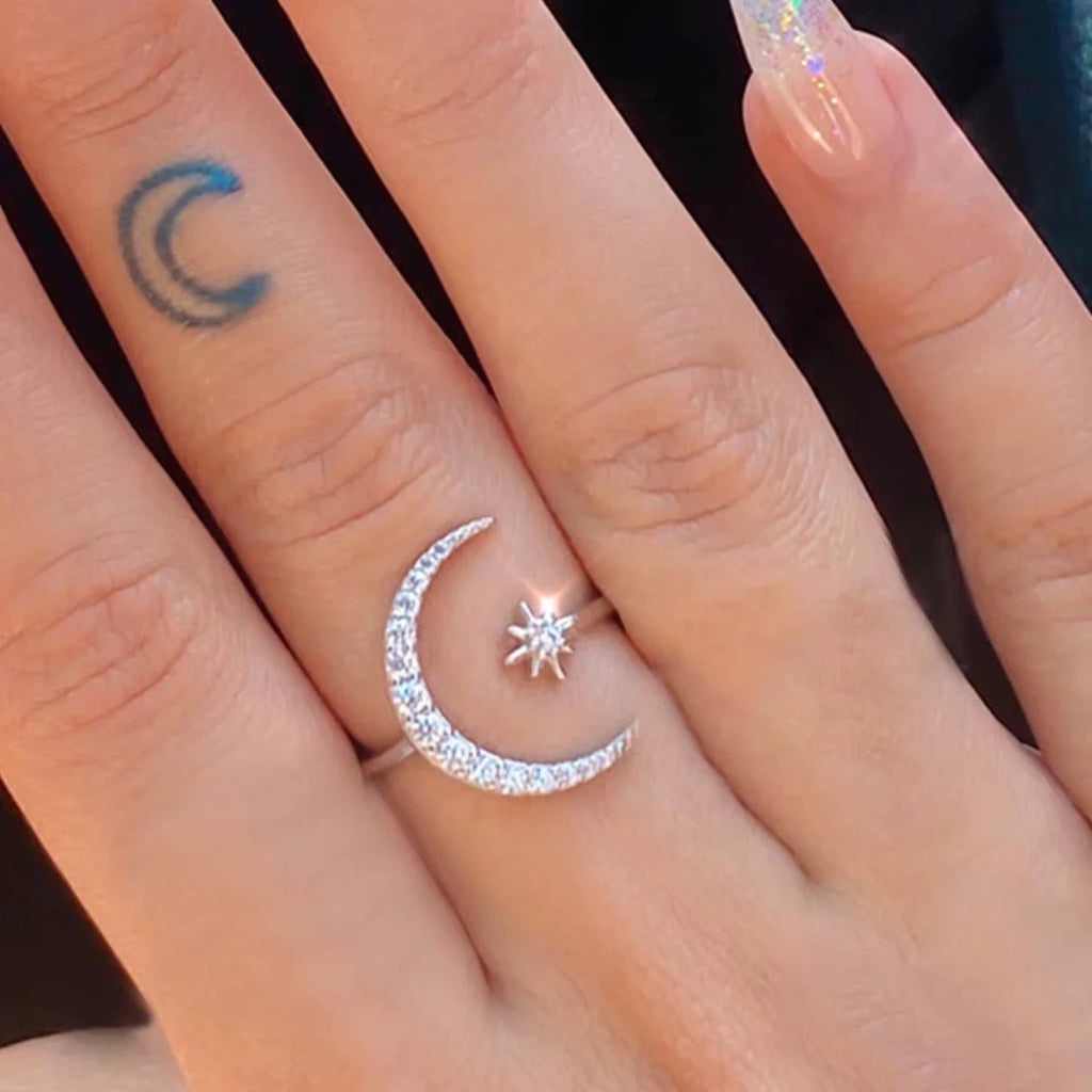 925 Sterling Silver Moon & Star Adjustable Ring – Sparkle Like the Night Sky