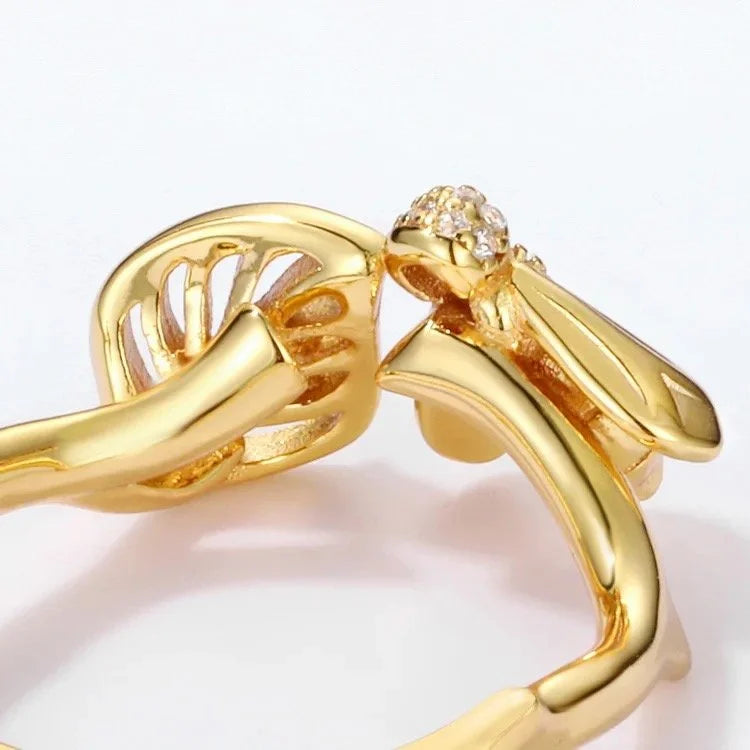 18K Gold Plated Adjustable Bee Ring – Sterling Silver & Zircon Elegance